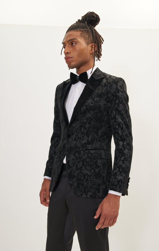 Metallic Velvet Flocking Tuxedo Jacket - Black