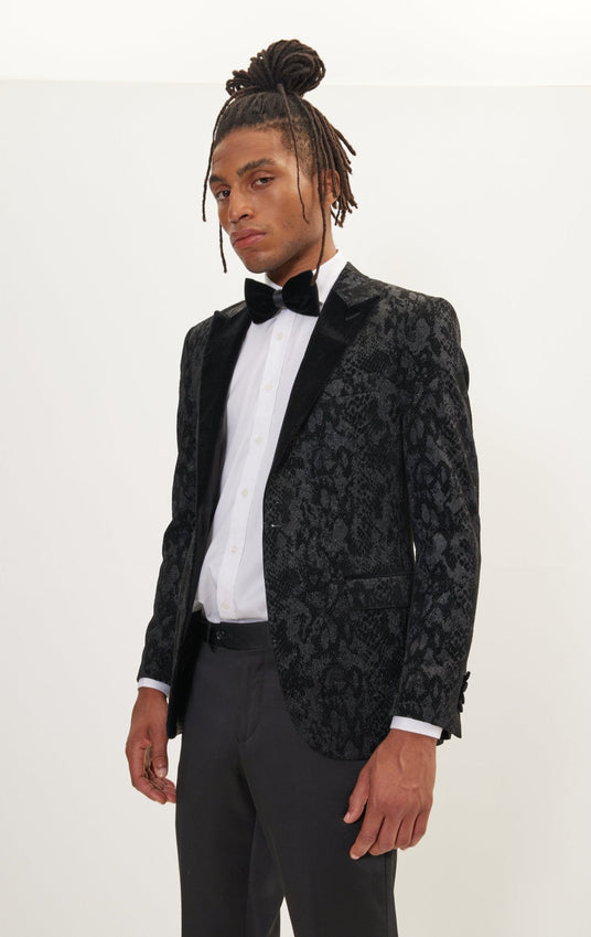 Metallic Velvet Flocking Tuxedo Jacket - Black