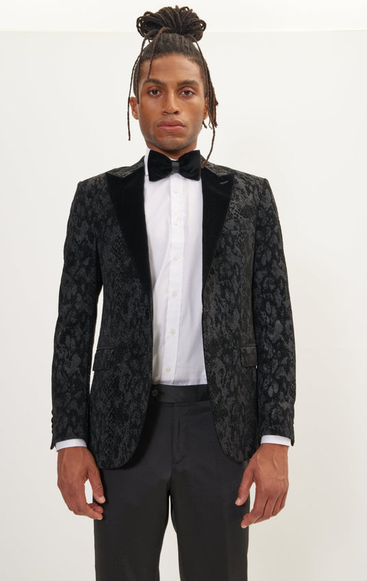 Metallic Velvet Flocking Tuxedo Jacket - Black