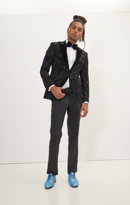 Metallic Velvet Flocking Tuxedo Jacket - Black