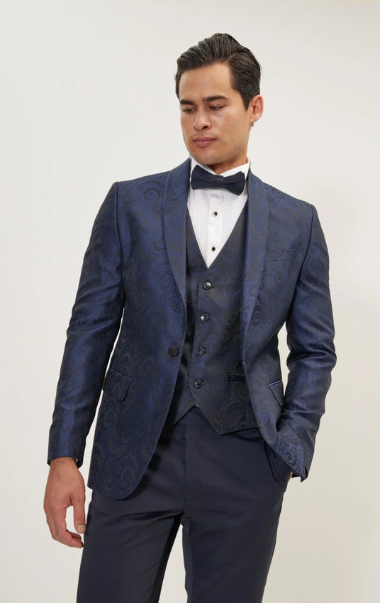 Paisley High Peak Lapel Tuxedo Jacket - Navy