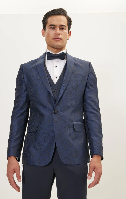 Paisley High Peak Lapel Tuxedo Jacket - Navy