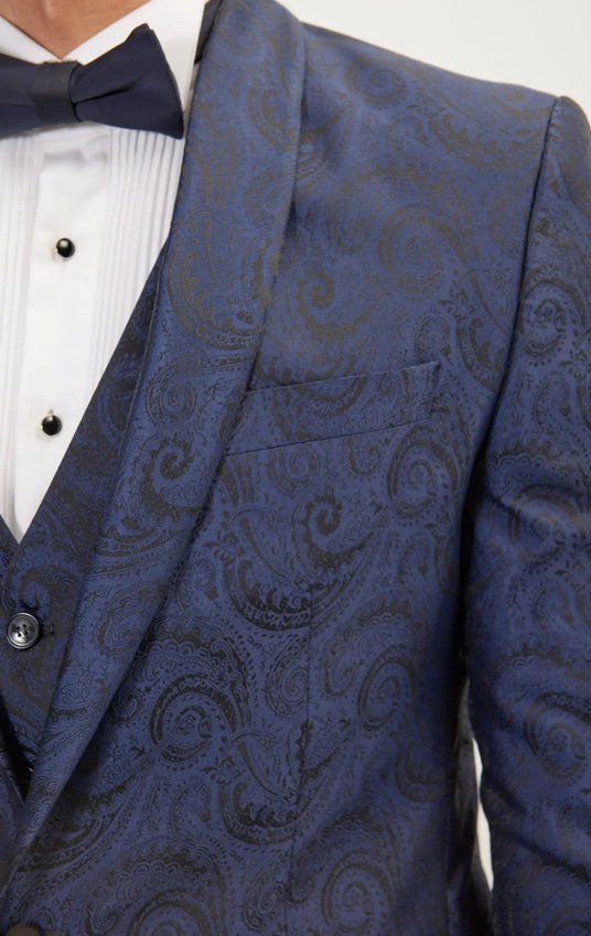 Paisley High Peak Lapel Tuxedo Jacket - Navy