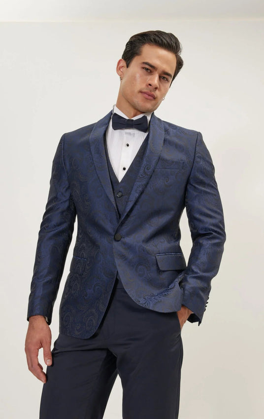 Paisley High Peak Lapel Tuxedo Jacket - Navy