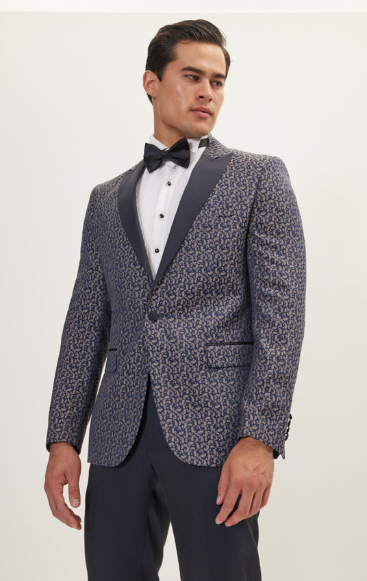 Paisley Pattern Peak Lapel Tuxedo Jacket - Navy Beige