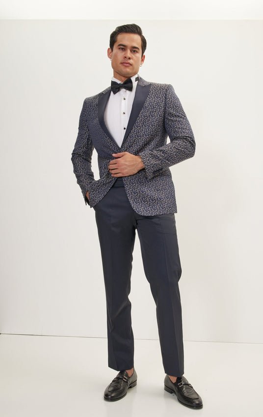 Paisley Pattern Peak Lapel Tuxedo Jacket - Navy Beige