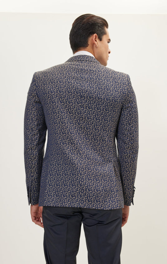 Paisley Pattern Peak Lapel Tuxedo Jacket - Navy Beige