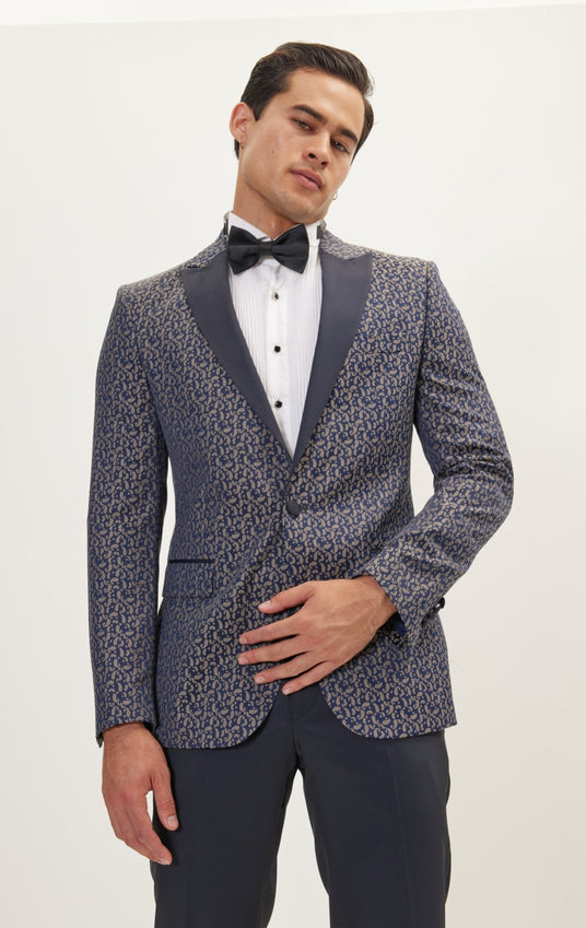 Paisley Pattern Peak Lapel Tuxedo Jacket - Navy Beige