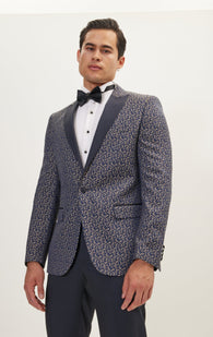 Paisley Pattern Peak Lapel Tuxedo Jacket - Navy Beige
