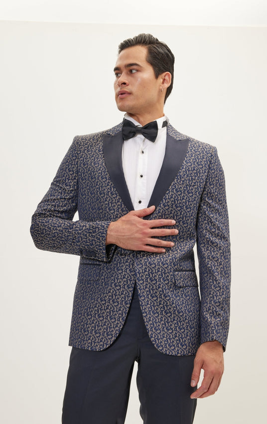 Paisley Pattern Peak Lapel Tuxedo Jacket - Navy Beige