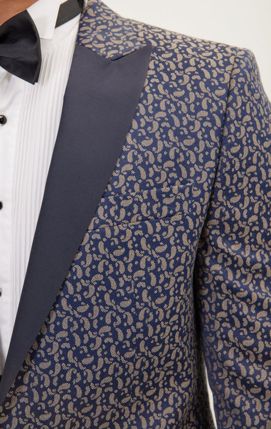 Paisley Pattern Peak Lapel Tuxedo Jacket - Navy Beige