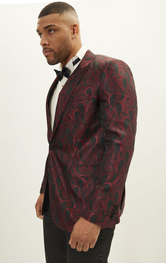 Peak Lapel Paisley Jacquard Tuxedo Jacket - Red
