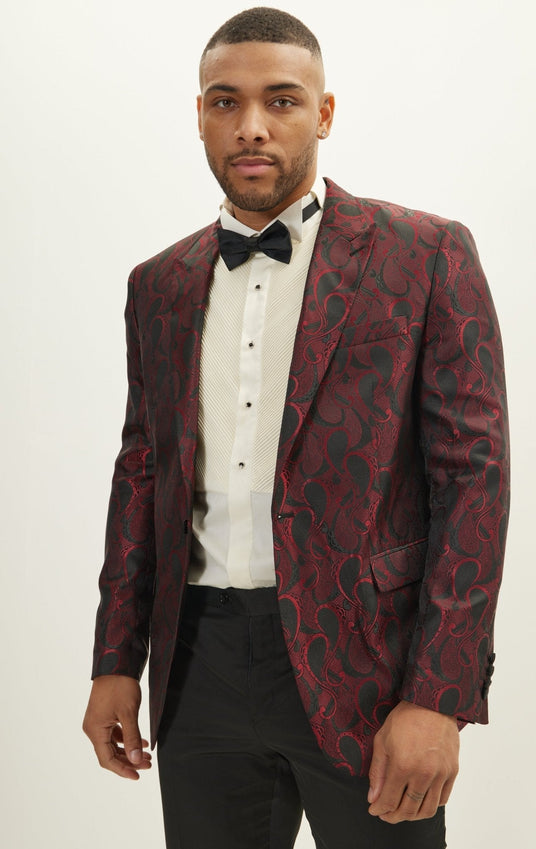 Peak Lapel Paisley Jacquard Tuxedo Jacket - Red