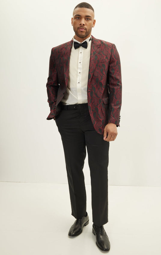 Peak Lapel Paisley Jacquard Tuxedo Jacket - Red
