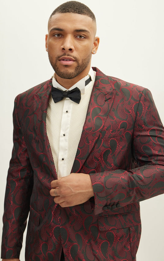 Peak Lapel Paisley Jacquard Tuxedo Jacket - Red