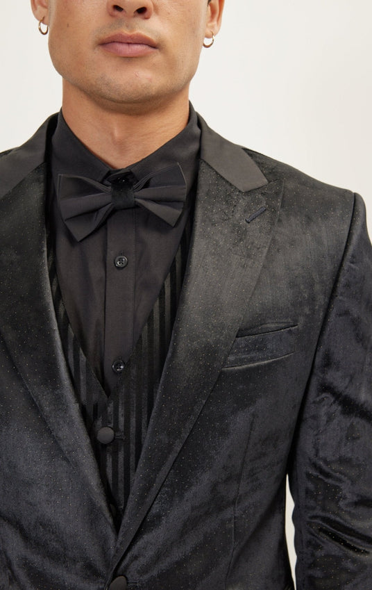 Polka Dot Peak Lapel Italian Velvet Tuxedo Jacket - Black