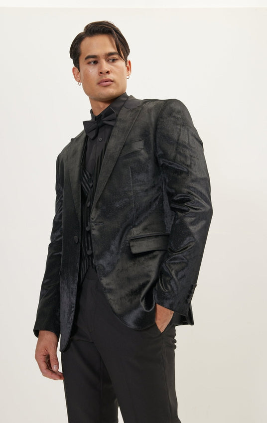 Polka Dot Peak Lapel Italian Velvet Tuxedo Jacket - Black