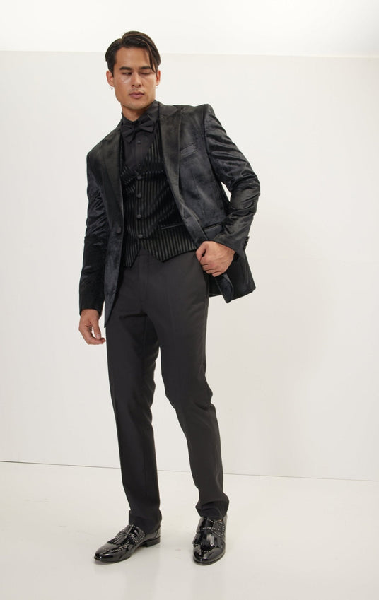 Polka Dot Peak Lapel Italian Velvet Tuxedo Jacket - Black