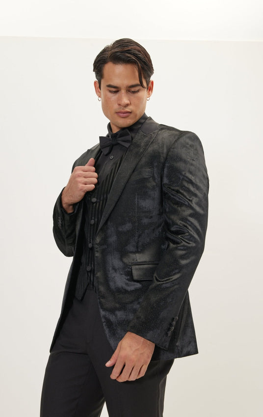 Polka Dot Peak Lapel Italian Velvet Tuxedo Jacket - Black