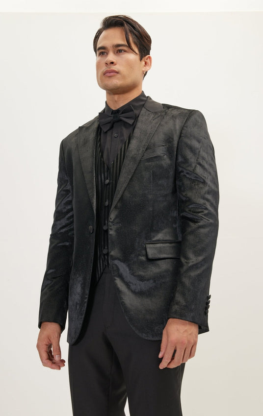 Polka Dot Peak Lapel Italian Velvet Tuxedo Jacket - Black