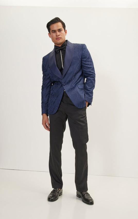 Psychedelic Texture Shawl Lapel Tuxedo Jacket- Navy