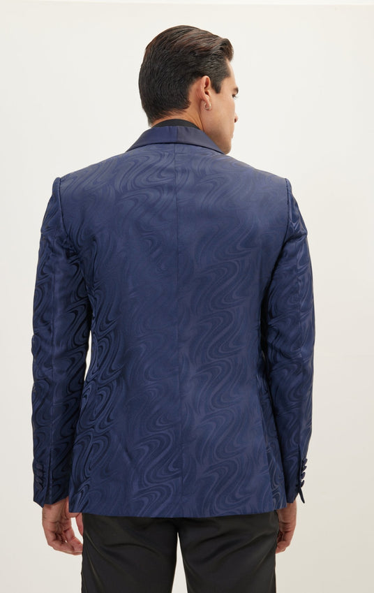 Psychedelic Texture Shawl Lapel Tuxedo Jacket- Navy
