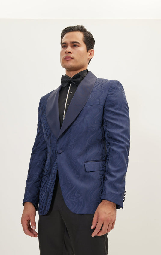 Psychedelic Texture Shawl Lapel Tuxedo Jacket- Navy