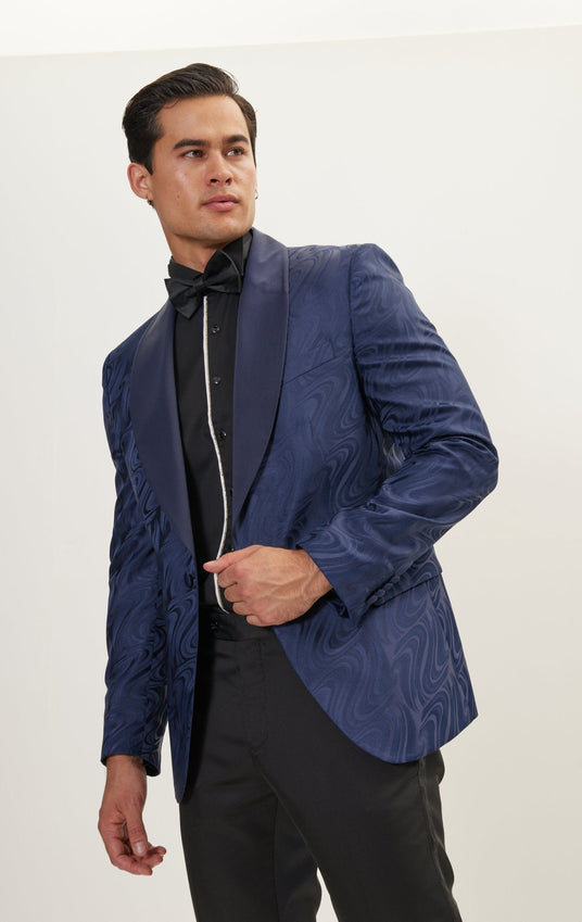 Psychedelic Texture Shawl Lapel Tuxedo Jacket- Navy