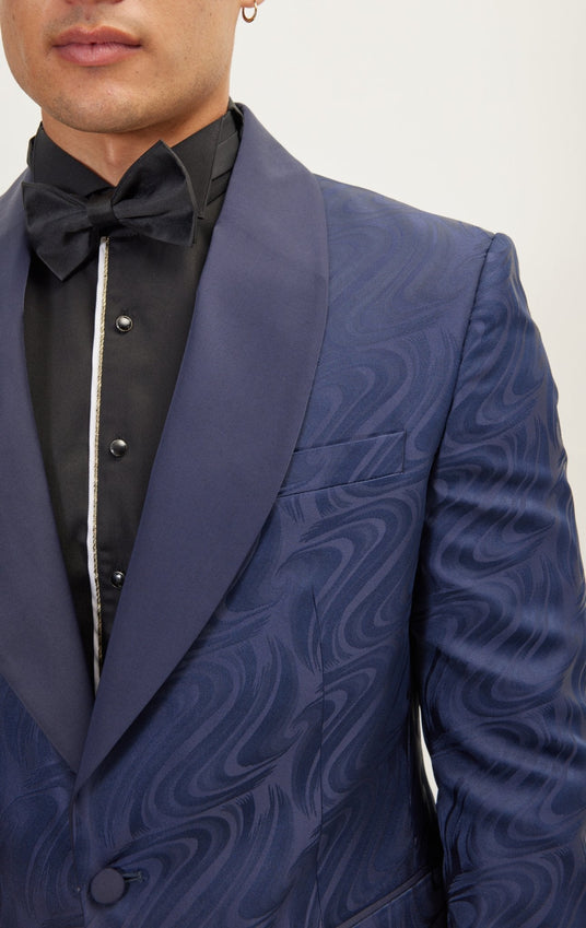 Psychedelic Texture Shawl Lapel Tuxedo Jacket- Navy