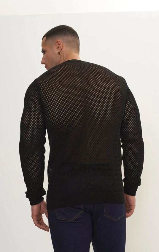 See Through Fishnet Muscle Fit Shirt - Black