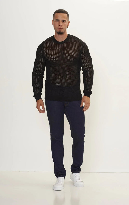 See Through Fishnet Muscle Fit Shirt - Black