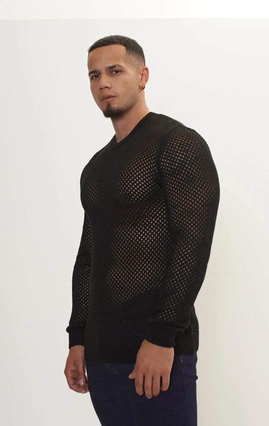 See Through Fishnet Muscle Fit Shirt - Black