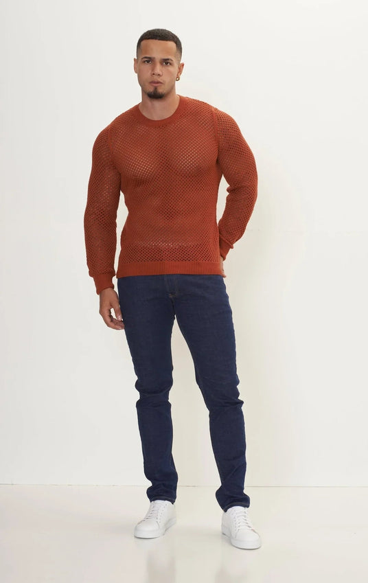 See Through Fishnet Muscle Fit Shirt - Tile