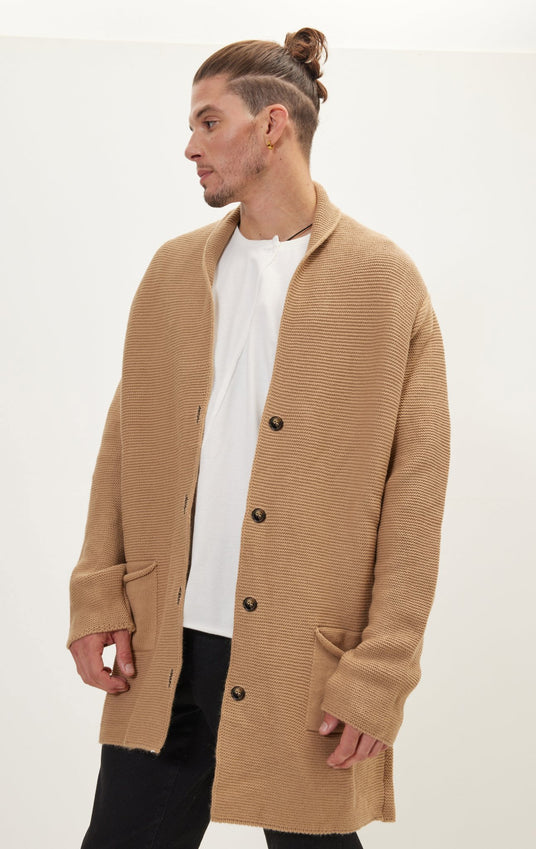 Shawl Lapel Long Cardigan - Camel