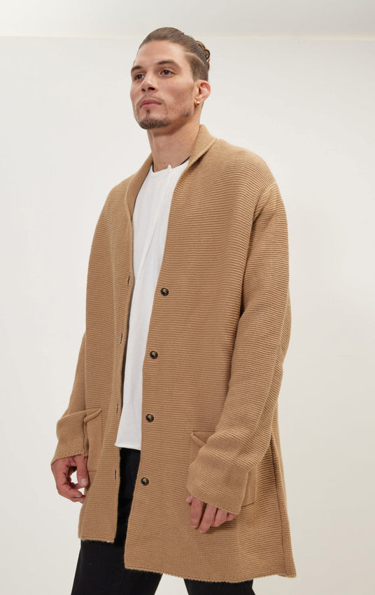 Shawl Lapel Long Cardigan - Camel
