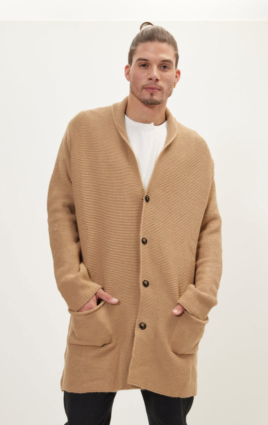 Shawl Lapel Long Cardigan - Camel