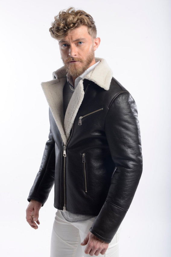 Shearling Lined Leather Flight Jacket - Black