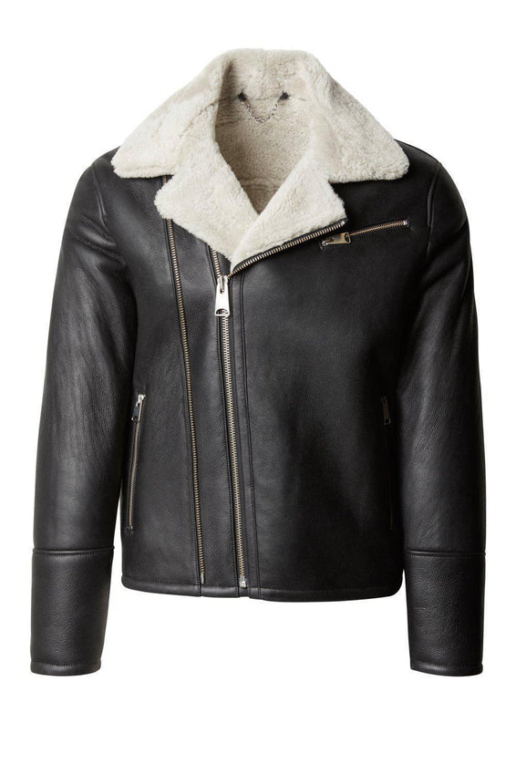 Shearling Lined Leather Flight Jacket - Black