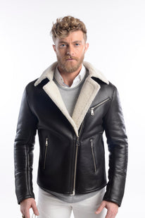 Shearling Lined Leather Flight Jacket - Black