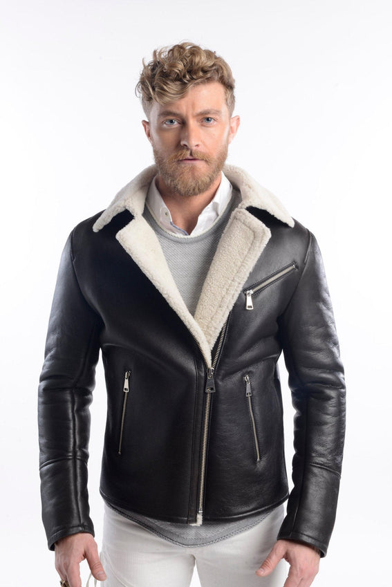 Shearling Lined Leather Flight Jacket - Black