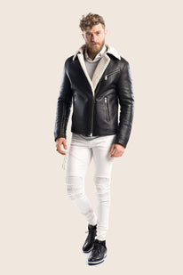 Shearling Lined Leather Flight Jacket - Black