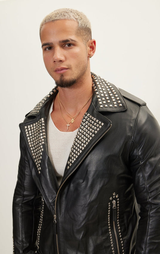 Studded Lambskin Leather Jacket - Black Silver