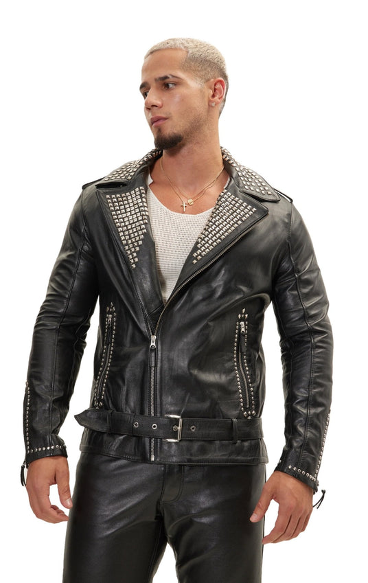 Studded Lambskin Leather Jacket - Black Silver
