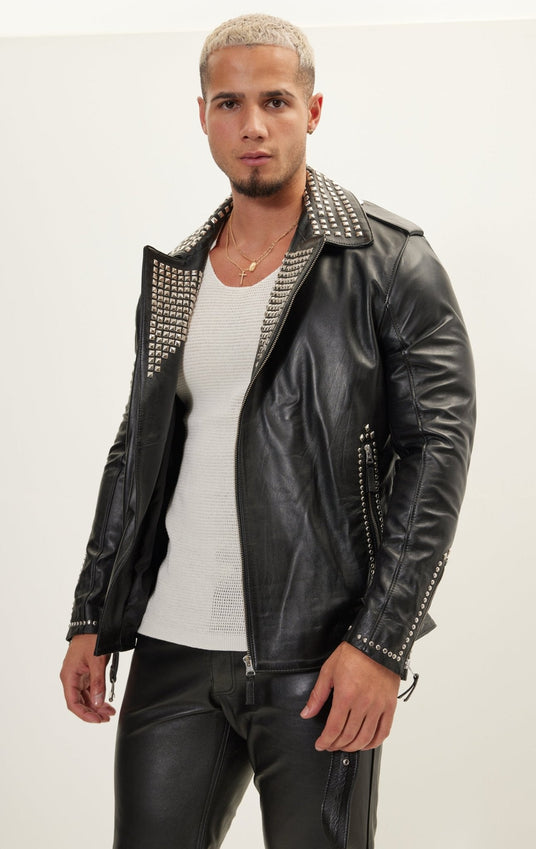 Studded Lambskin Leather Jacket - Black Silver