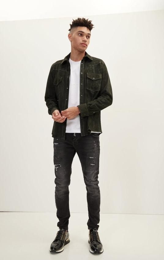 Genuine Suede Leather Fitted Shirt - Khaki