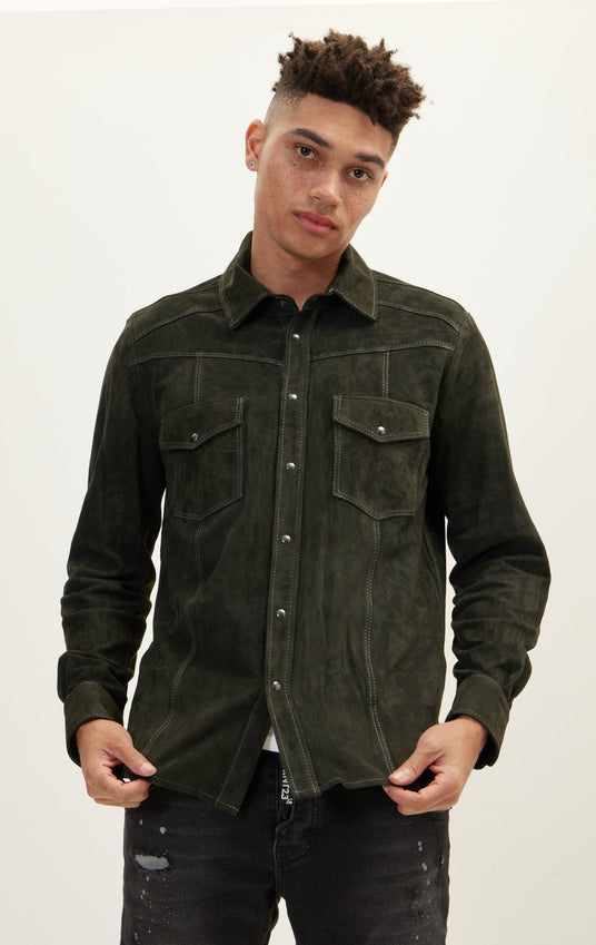 Genuine Suede Leather Fitted Shirt - Khaki