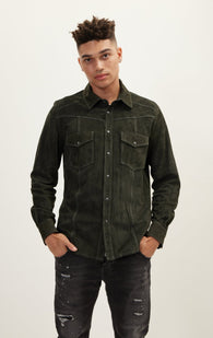 Genuine Suede Leather Fitted Shirt - Khaki