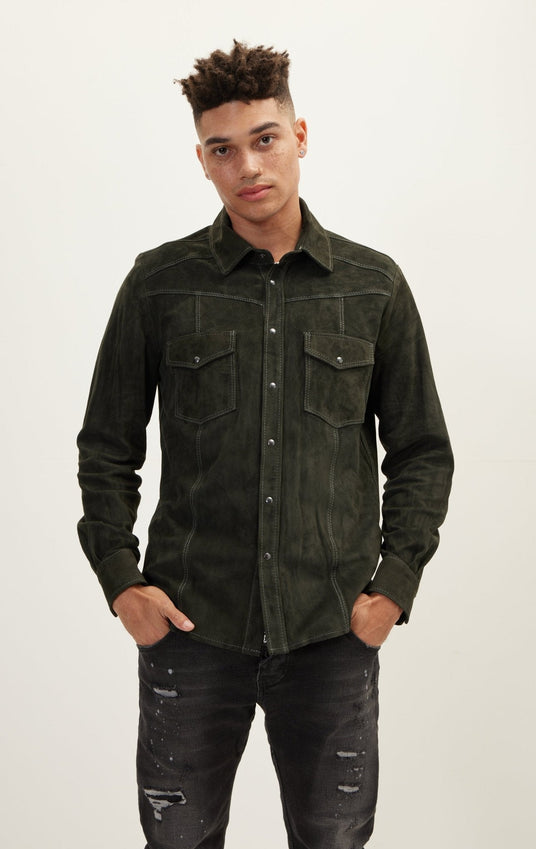Genuine Suede Leather Fitted Shirt - Khaki