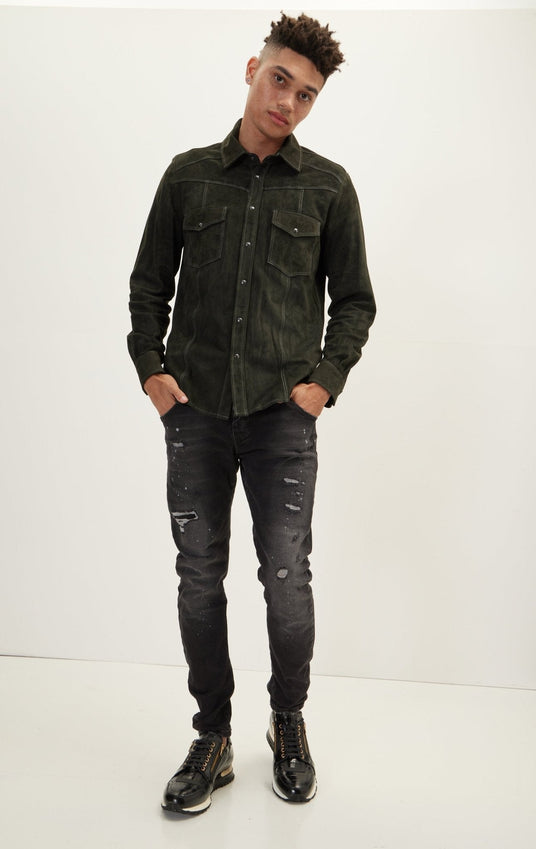 Genuine Suede Leather Fitted Shirt - Khaki