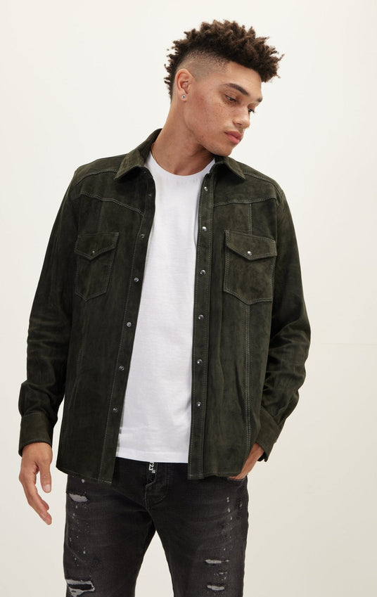 Genuine Suede Leather Fitted Shirt - Khaki